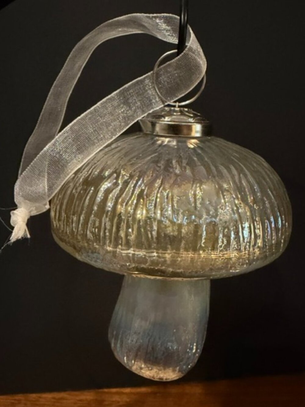 Glass Ribbed Iridescent 4" Mushroom Ornament - Picture 3 of 6